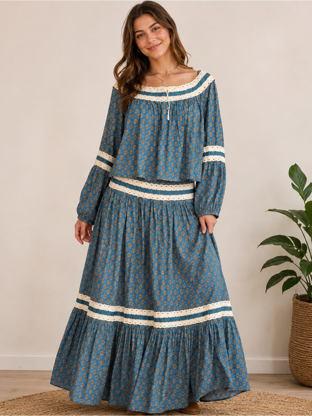 Anthropologie Luna Moon Teal Blue Two piece Skirt Prairiecore Set SZ Small New